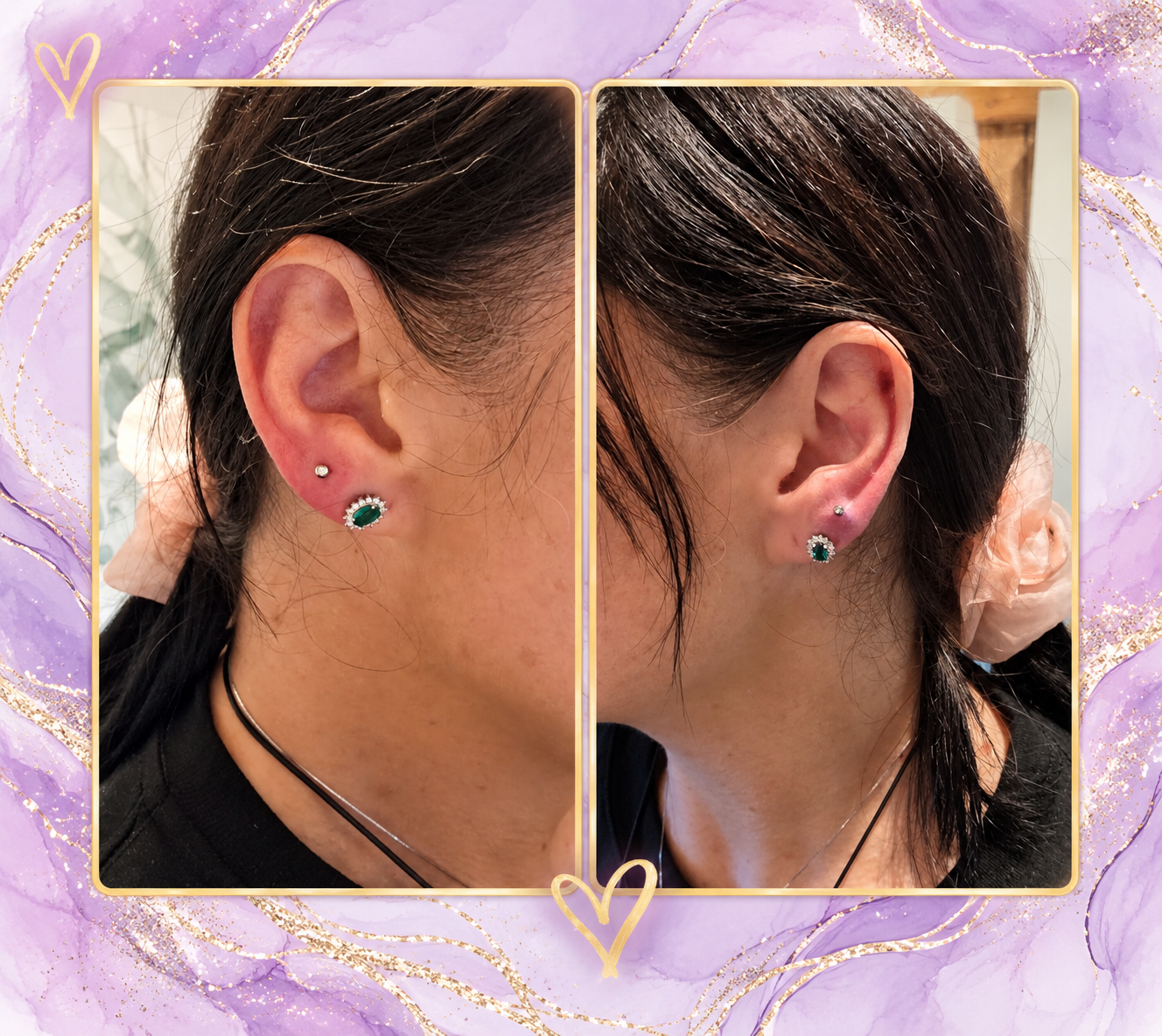 Lobe piercings with emerald cluster studs in both ears